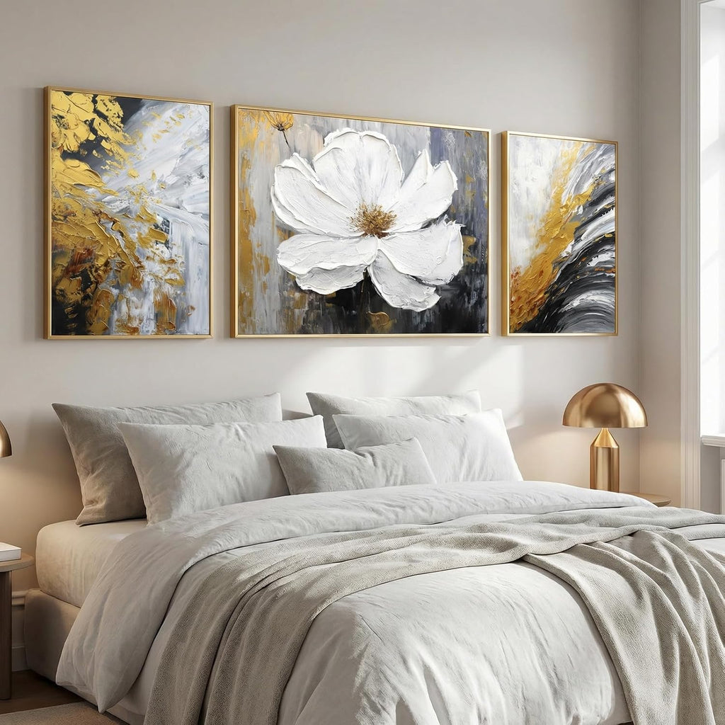 3 Pcs Hand-Painted Floral Canvas Wall Art for Living Room | 3D Textured Abstract White Flower Paintings with Gold Frames for Bedroom | Ready to Hang Modern Luxury Wall Decor for Office (24x64 Inches)
