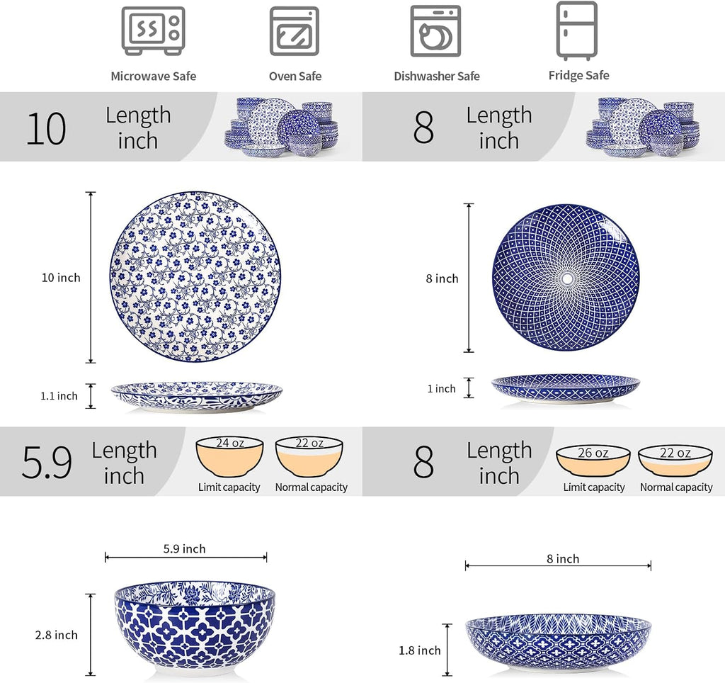 Selamica Ceramic Plates and Bowls Sets,32 Pieces Dinnerware Sets for 8,Scratch Resistant Dish Set for family gathering,Dishwasher & Microwave Safe, Vintage Blue