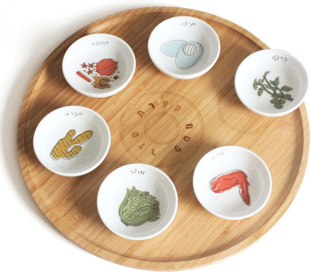 13' Hand Made Large Passover Seder Plate with 6 Colorful Ceramic Bowls, Bamboo Passover Sedar Plate Set, Giftable Packaging, Jewish Holiday and Traditional Table Decorations Gift