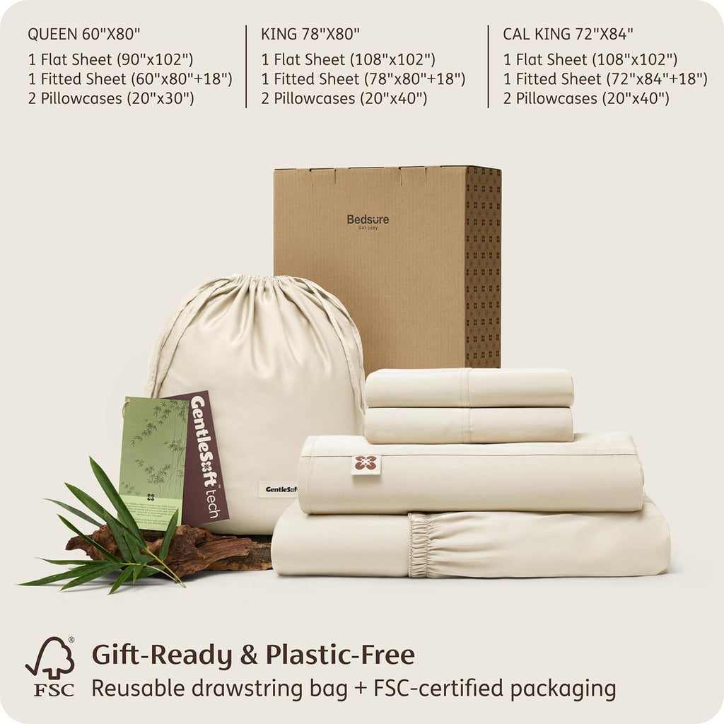 Bedsure 100% Organically Grown Bamboo Viscose King Size Sheets Set | Cooling Bedsheets for Hot Sleepers | Luxury Silky Soft | 18' Deep Pocket with Corner Straps | Oeko-Tex Certified [Beige]