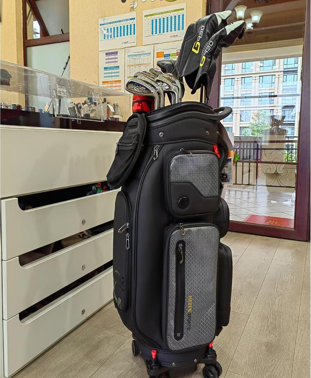 HELIX-Golf Golf Cart Bag, Easy to Carry, Retractable Golf Club Cart Bag with Locking Wheels Chassis and Latest Integrated Handgrip.