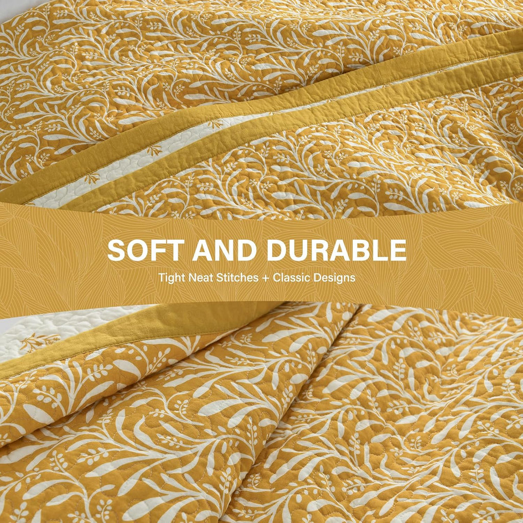 SahSahCasa Quilt Set King Size, 100% Cotton Quilt Bedding Set Bedspread, Botanical Pattern Solid Color Chic Lightweight Quilted Comforter for King Bed, Mustard Yellow, All Season, 3 Pieces