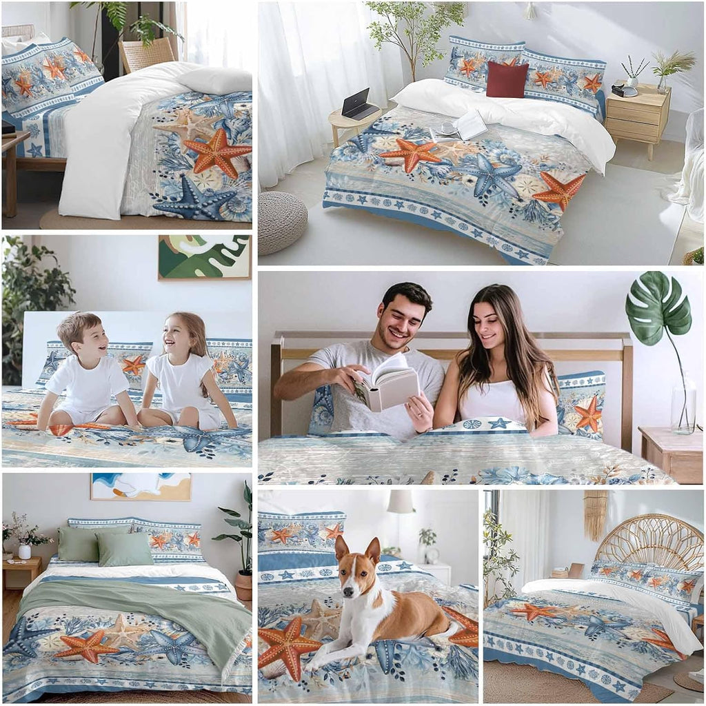 Blue Coastal Duvet Cover Set Queen Size 4 Pieces Orange Starfish Coral Beach Nautical Vintage Bedding Set with Zipper Closure, 1 Comforter Cover 86x86 Inches 1 Flat Sheet & 2 Pillow Cases