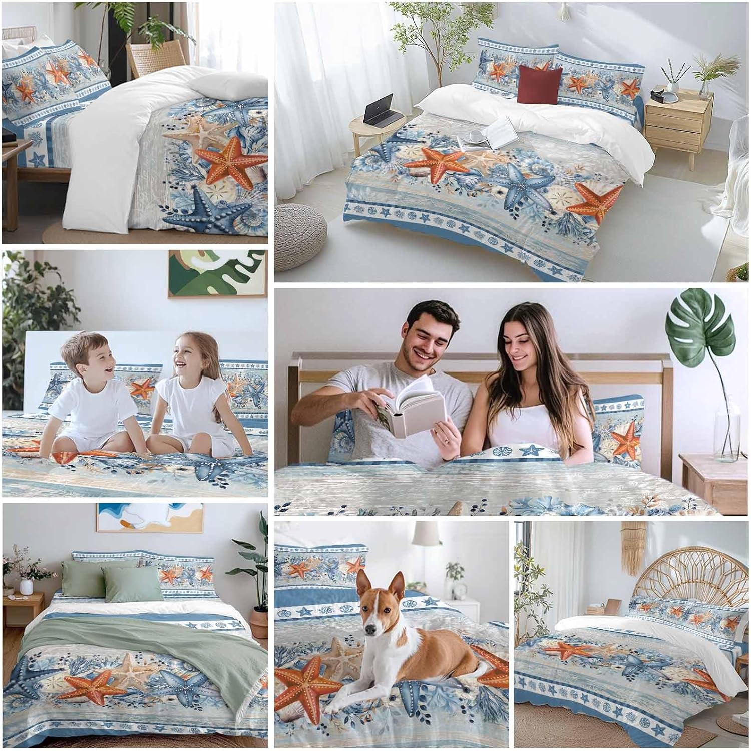 Blue Coastal Duvet Cover Set Queen Size 4 Pieces Orange Starfish Coral Beach Nautical Vintage Bedding Set with Zipper Closure, 1 Comforter Cover 86x86 Inches 1 Flat Sheet & 2 Pillow Cases