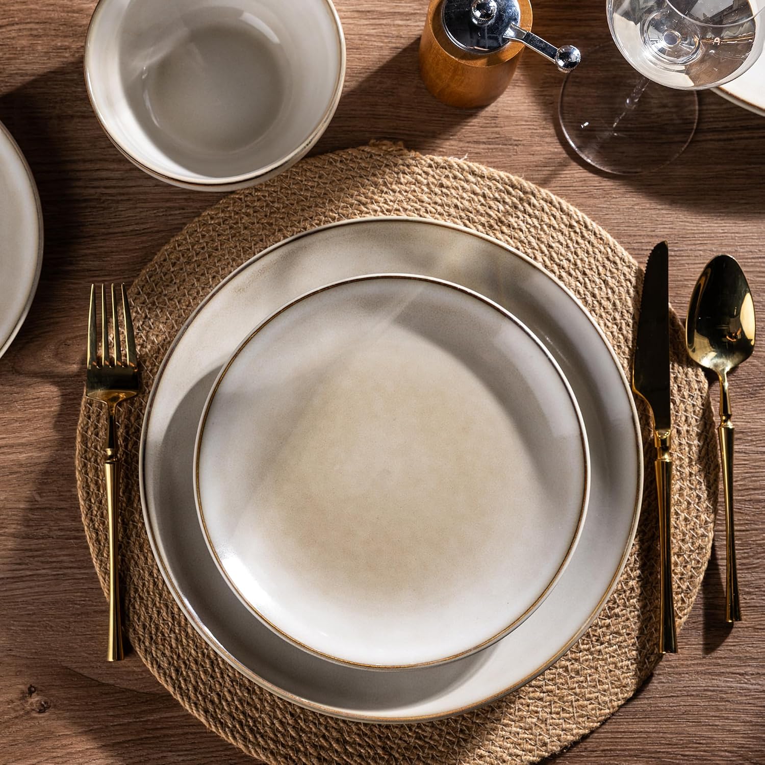 AmorArc Stoneware Dinnerware Sets for 8, 24 Pieces Handpainted Ceramic Plates and Bowls Set, Scratch Resistant Dishes Set, Dishwasher & Microwave Safe, Cappuccino
