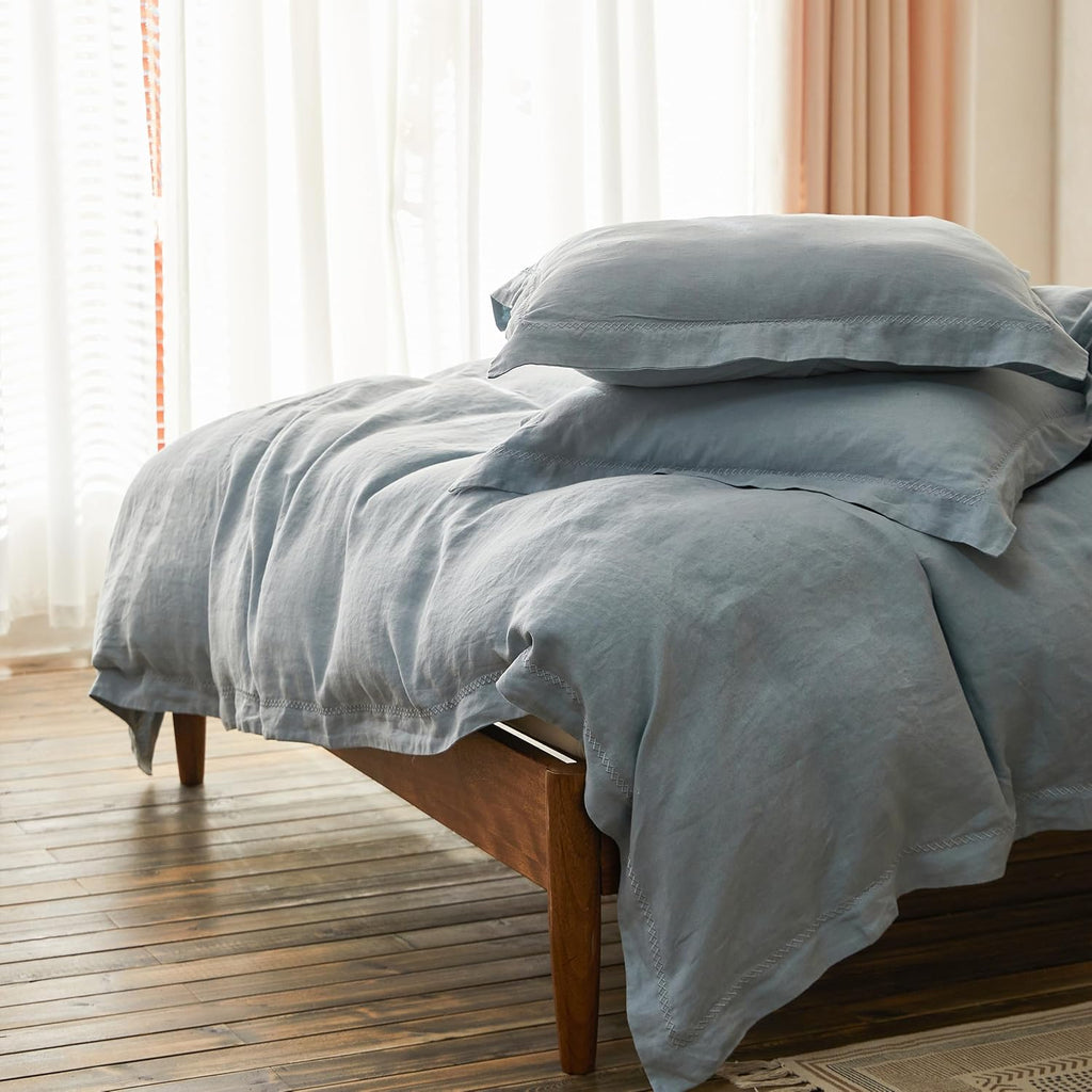 Simple&Opulence 100% Linen Duvet Cover Set with Crossed Embroidery Washed - 3 Pieces (1 Duvet Cover with 2 Pillow Shams) Soft Breathable Farmhouse - Dusty Blue, King Size