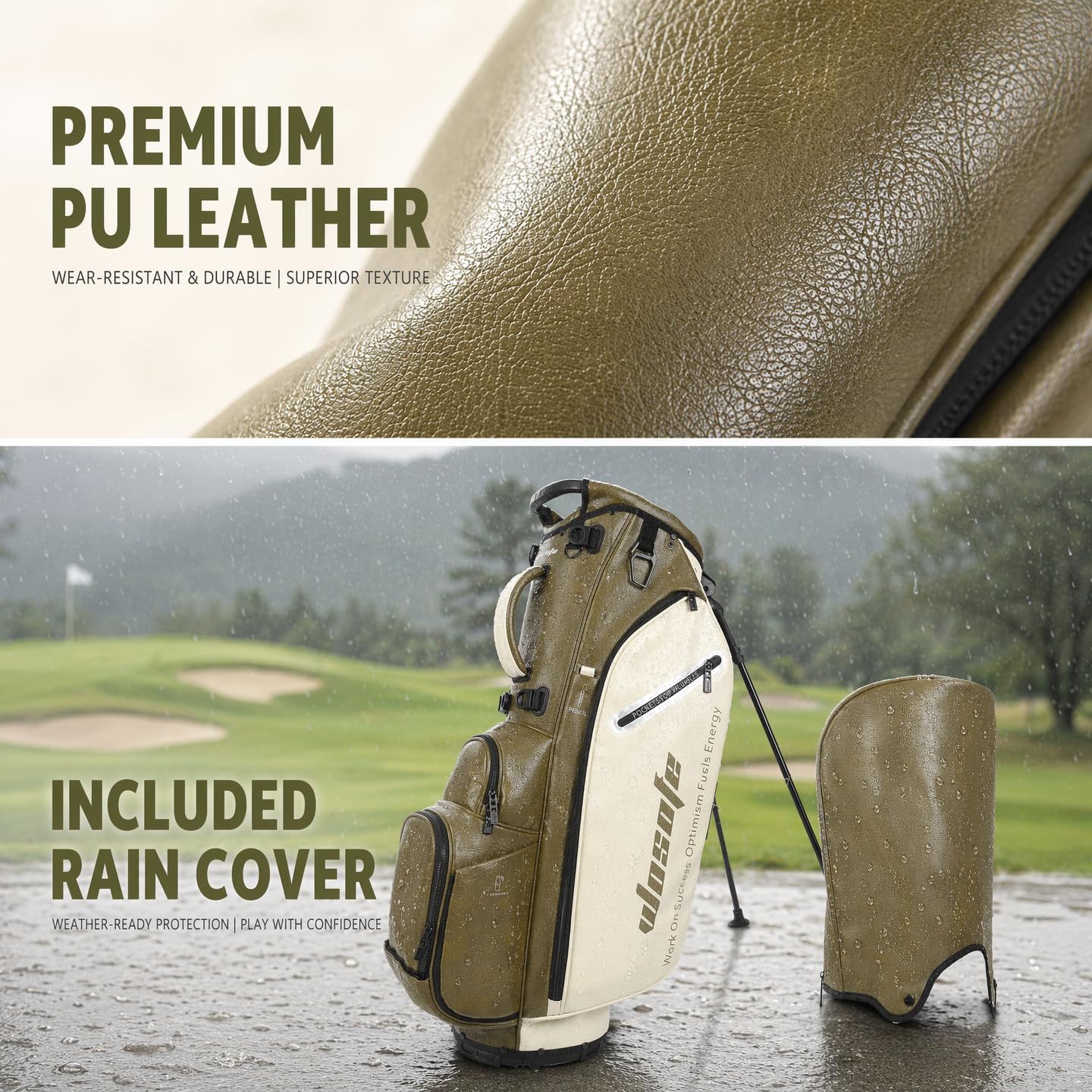 WOSOFE PU Golf Bag with 6/14 Way Top Dividers Automatically Adjustable Dual Straps Elegant Design for Men Women Pu Golf Stand Bag with Multiple Pockets