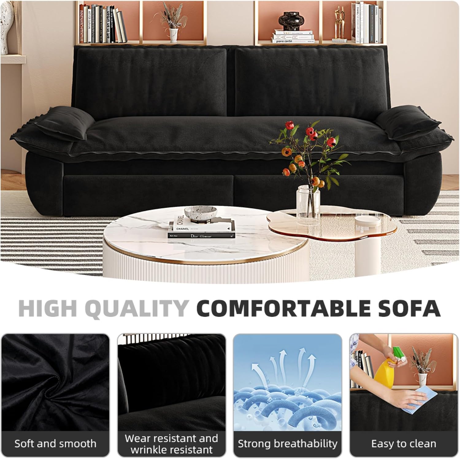 WILLIAMSPACE 73.2' Queen Pull Out Sofa Bed, 3-in-1 Velvet Convertible Sleeper Sofa Couch with 2 Soft Pillows, Multi-Functional Loveseat Bed Pull Out Couch for Living Room, Apartment (Black)