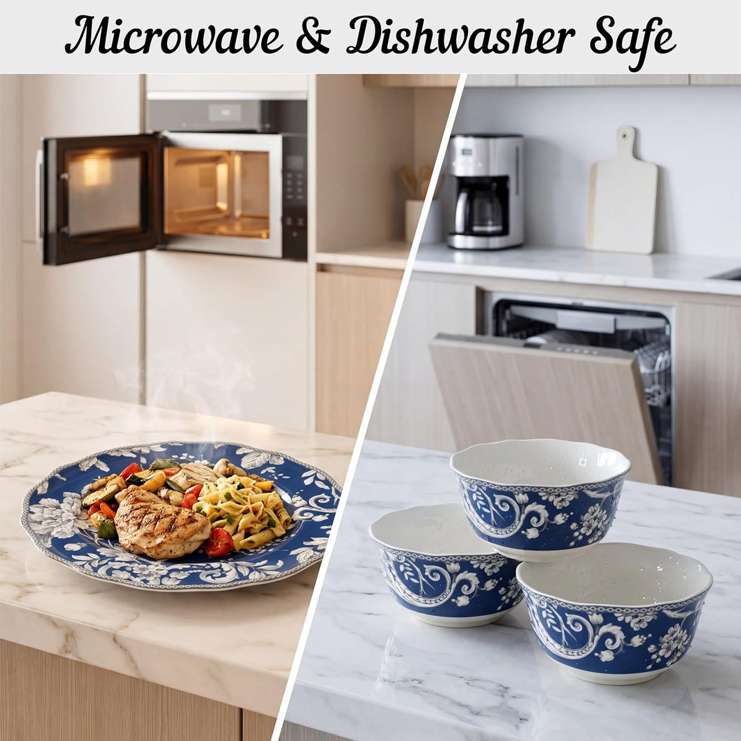 222 Fifth Adelaide 16-Piece Dark Blue Porcelain Dinnerware Set – Service for 4, Plate, Bowl & Mug Set, Bird & Floral Design, Everyday Big Dinner Plates and Bowls Sets, Microwave & Dishwasher Safe