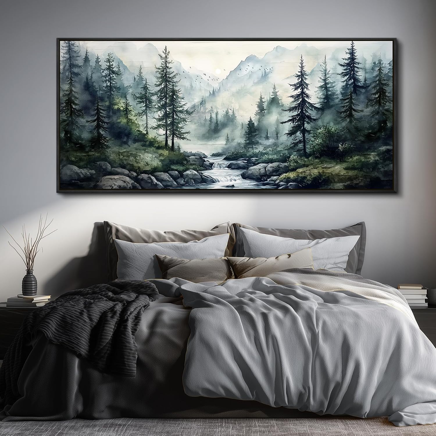 ZUITINGHUA Black Framed Canvas Wall Art For Living Room Large Wall Decor For Office Bedroom Decoration Misty Forest Picture Tree landscape Paintings Artwork Wall Mural Aesthetic Home Decor 32x72 In