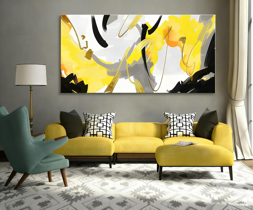 weiyiart Yellow Abstract Wall Art Prints Framed Ready to Hang Canvas Wall Art Modern Fantasy Paintings Artwork Large Size for Living Room Bedroom Office Decoration 29inch x58inch