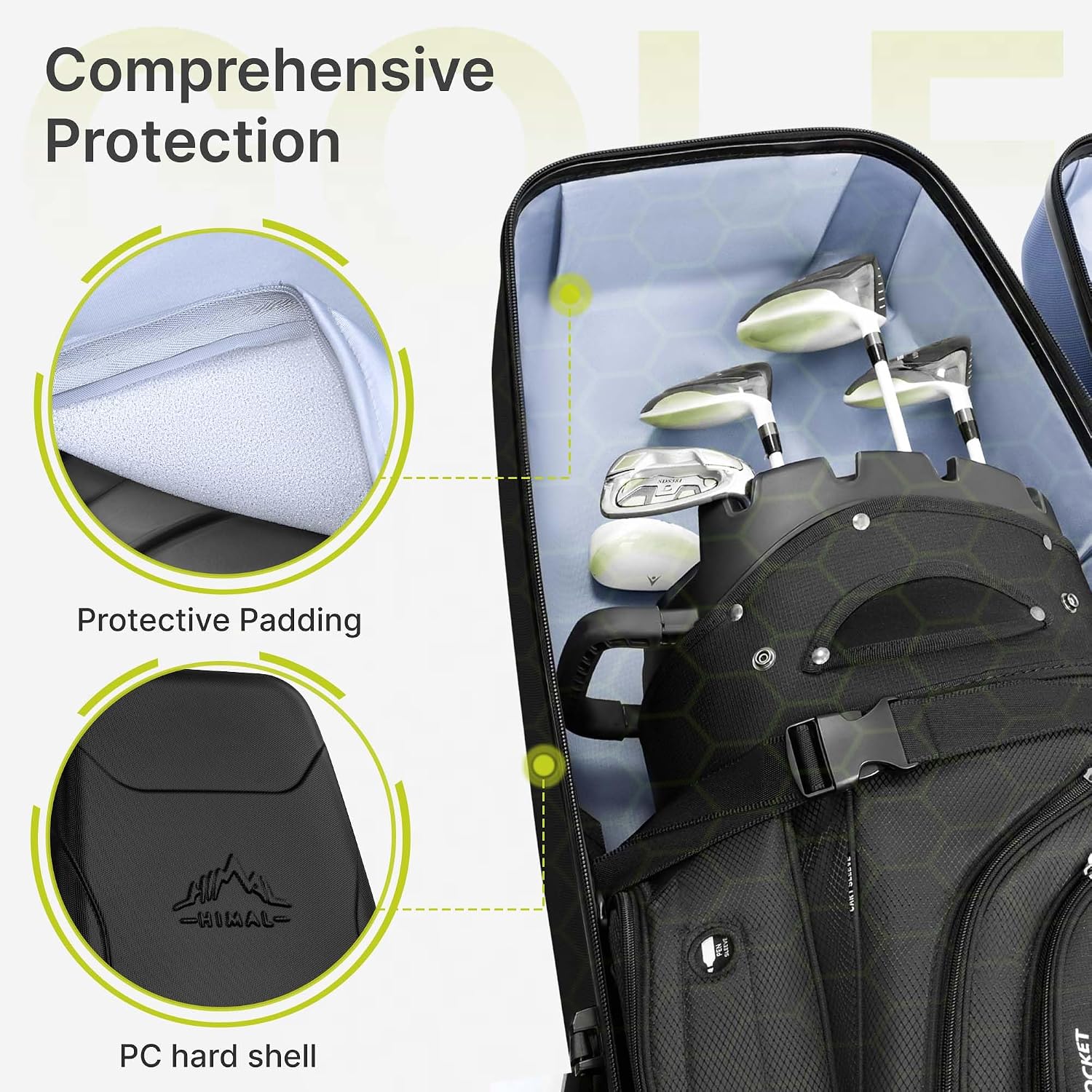 uniHimal Hard Case Golf Travel Bag with Wheels - PC Hard Shell Design Waterproof, Durable & Large Capacity - Golf Travel Case for Golf Clubs Ultimate Protection.
