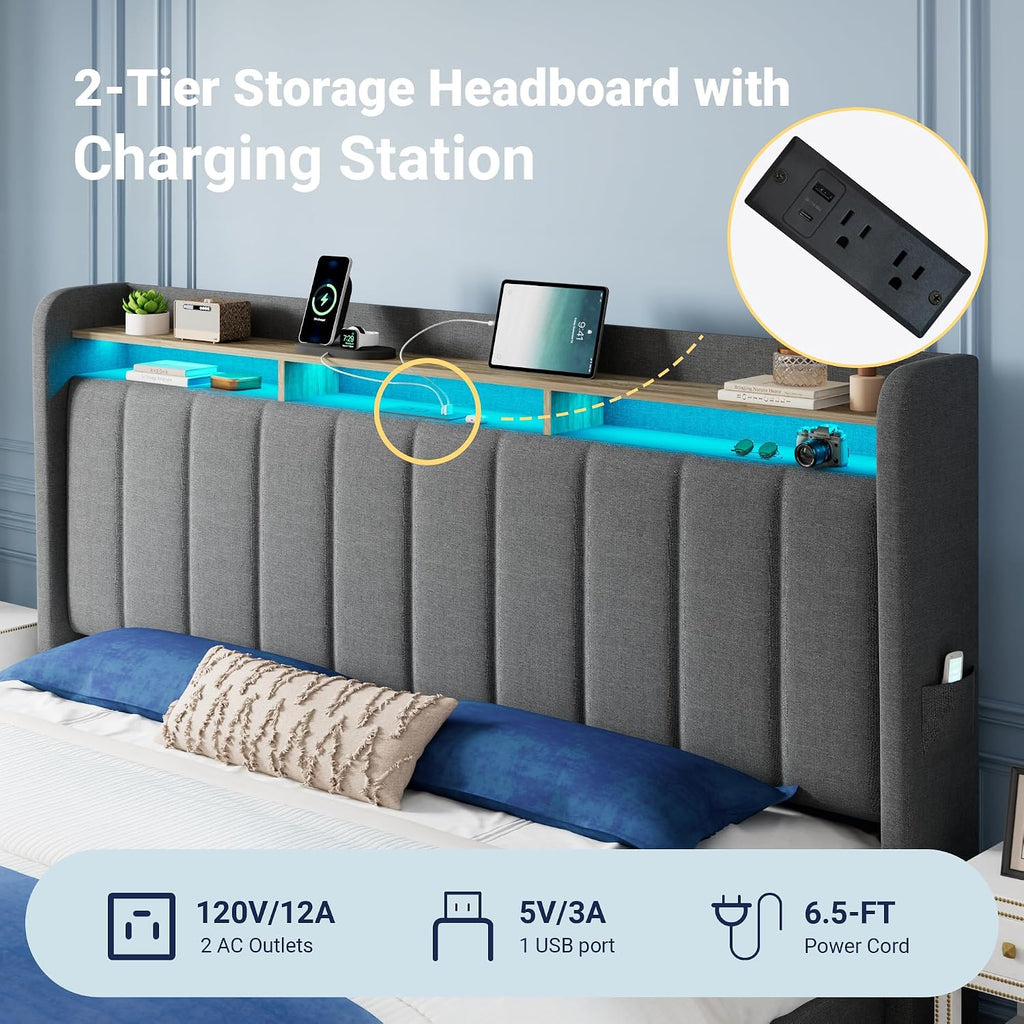 Allewie King Size Bed Frame with 2-Tier LED Storage Headboard, Upholstered King Platform Bed Frame with 2 Storage Drawers, USB & Type-C Charging Ports, Noise-Free/No Box Spring Needed, Dark Grey