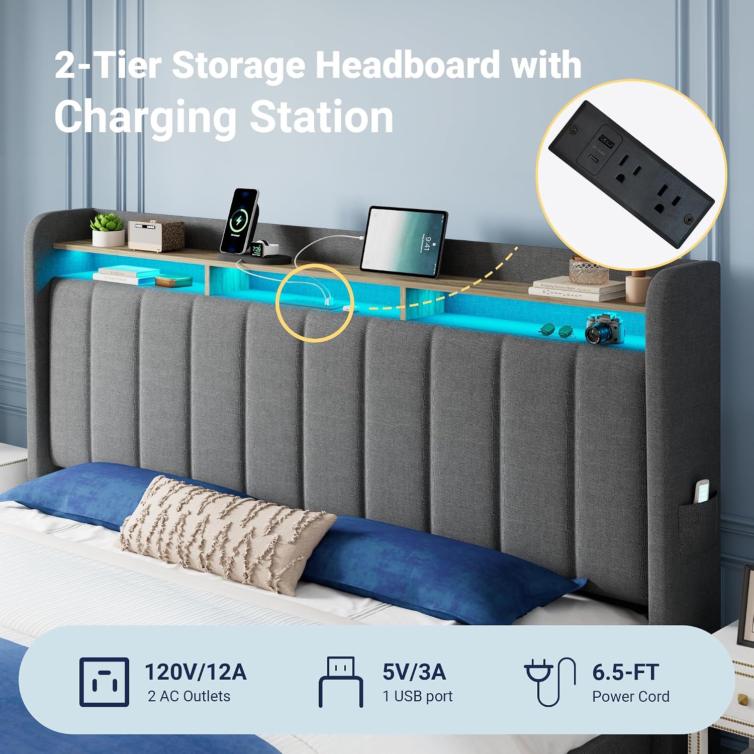 Allewie King Size Bed Frame with 2-Tier LED Storage Headboard, Upholstered King Platform Bed Frame with 2 Storage Drawers, USB & Type-C Charging Ports, Noise-Free/No Box Spring Needed, Dark Grey