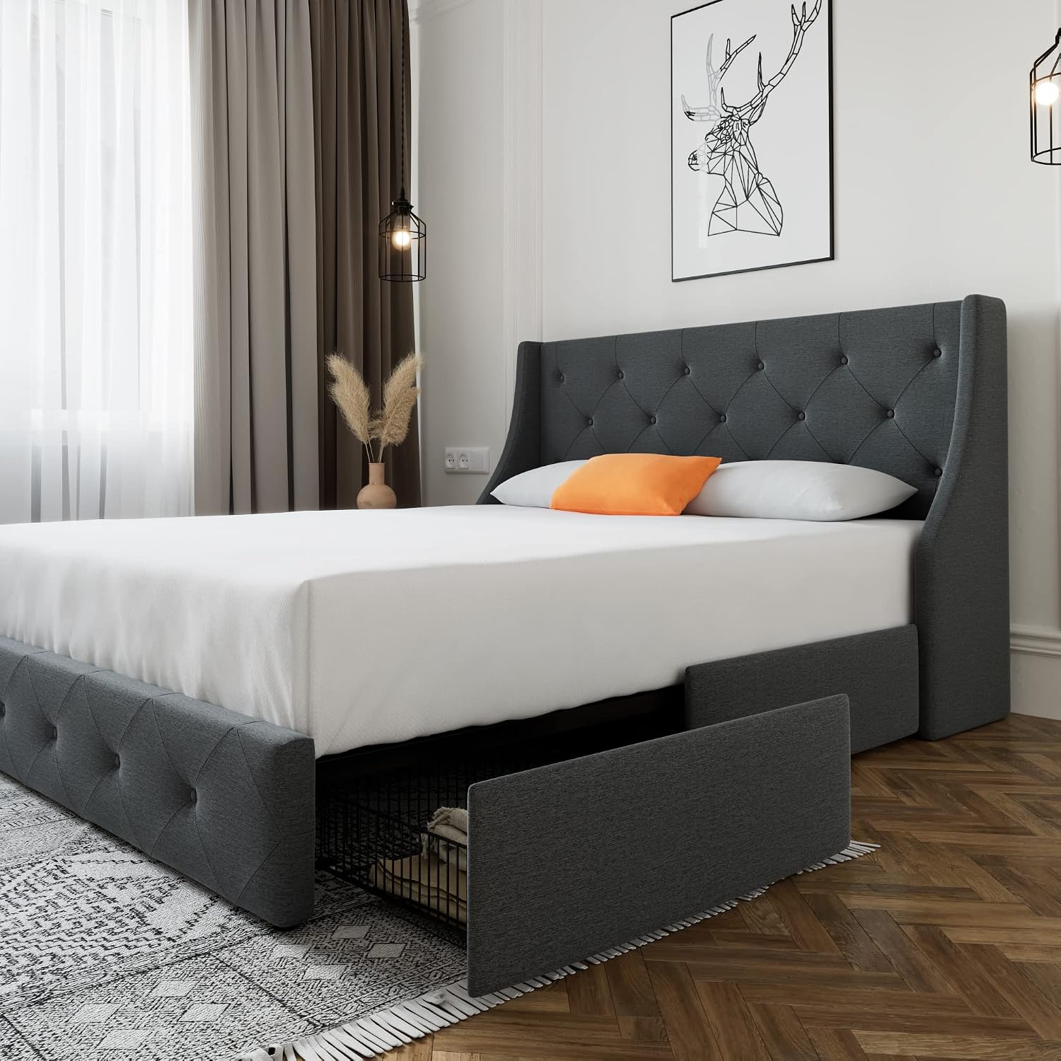 SHA CERLIN Queen Platform Upholstered Bed Frame with 4 Storage Drawers and Wingback Headboard, Diamond Stitched Button Tufted Design, No Box Spring Needed, Dark Grey