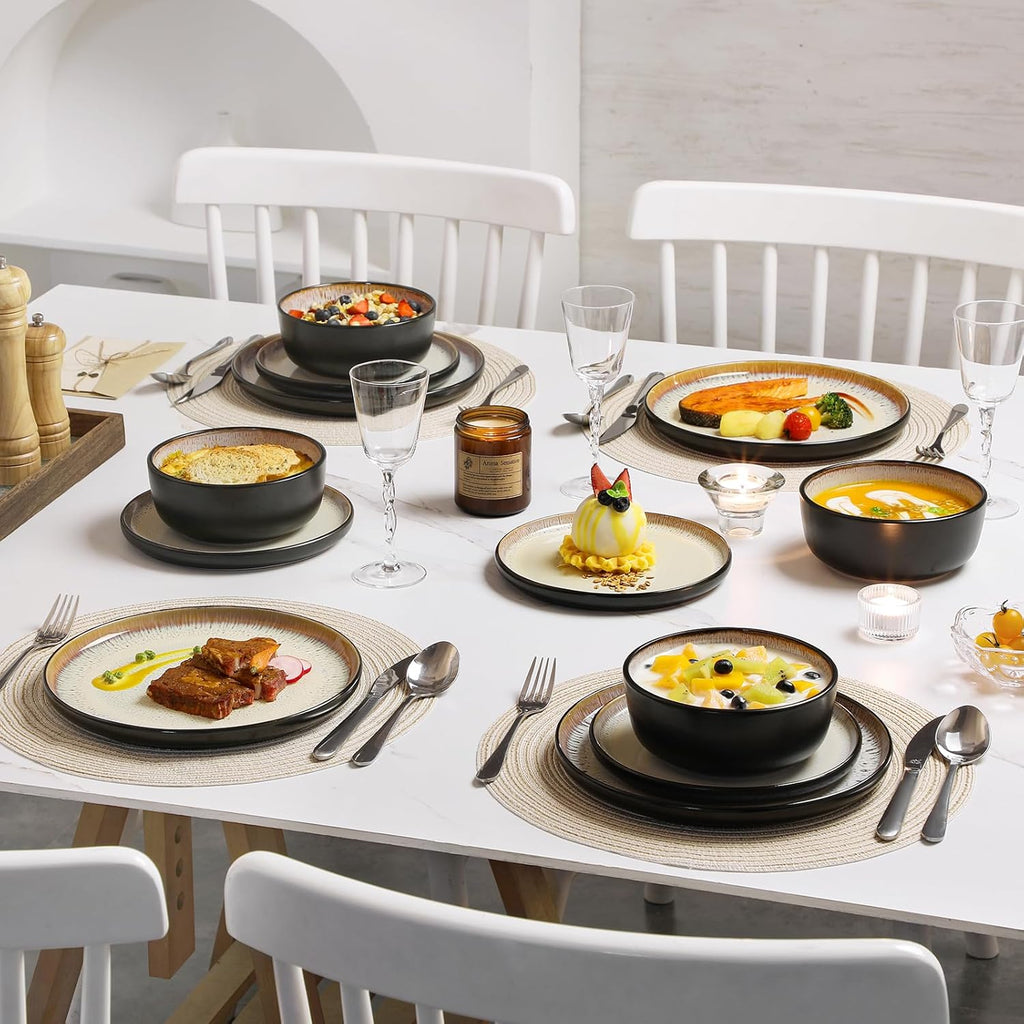 vancasso Plates and Bowls Sets, Ceramic Dinnerware Sets Stoneware Kitchen Dishes Dishware Mircowave and Dishwasher Safe, 18 Pieces, Oyster White