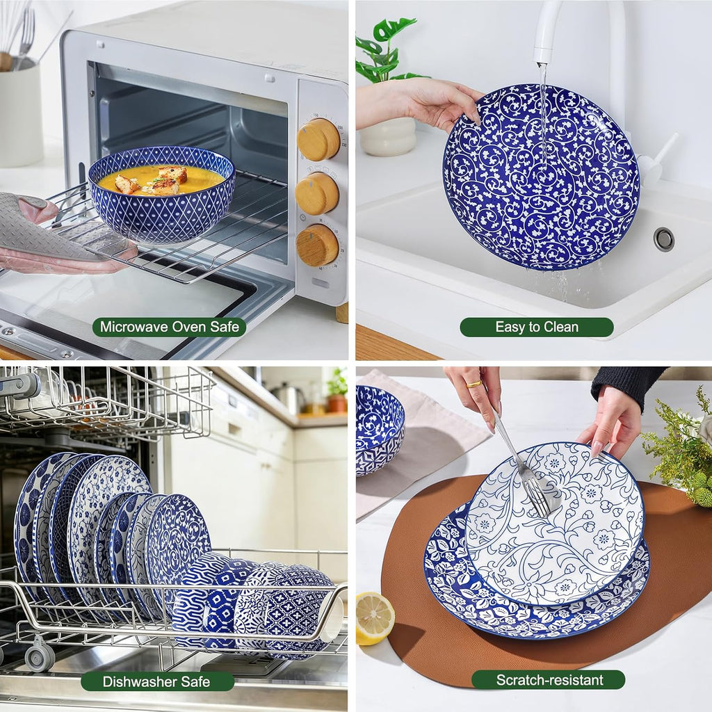 Selamica Ceramic Plates and Bowls Sets,24 Pieces Dinnerware Sets for 8,Scratch Resistant Dish Set for family gathering,Dishwasher & Microwave Safe, Vintage Blue