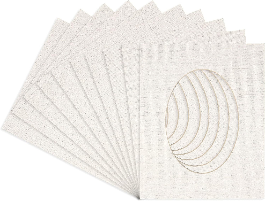 White Linen Canvas Acid Free 11x14 Oval Picture Frame Mat with White Core Bevel Cut for 8x10 Pictures - Fits 11x14 Frame - Pack of 25 Matboard Show Kits with Acid Free Backings & Clear Bags