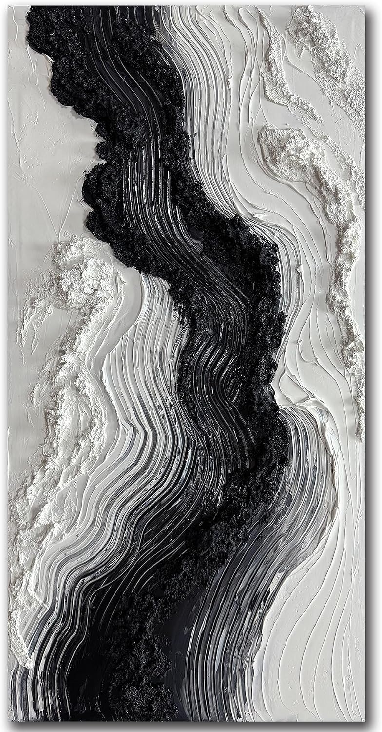 Boiee Art,24x48Inch Hand Painted Modern Black Simply White Framed Artwork Textured Ocean Wave Art on Canvas Minimalist Oil Painting