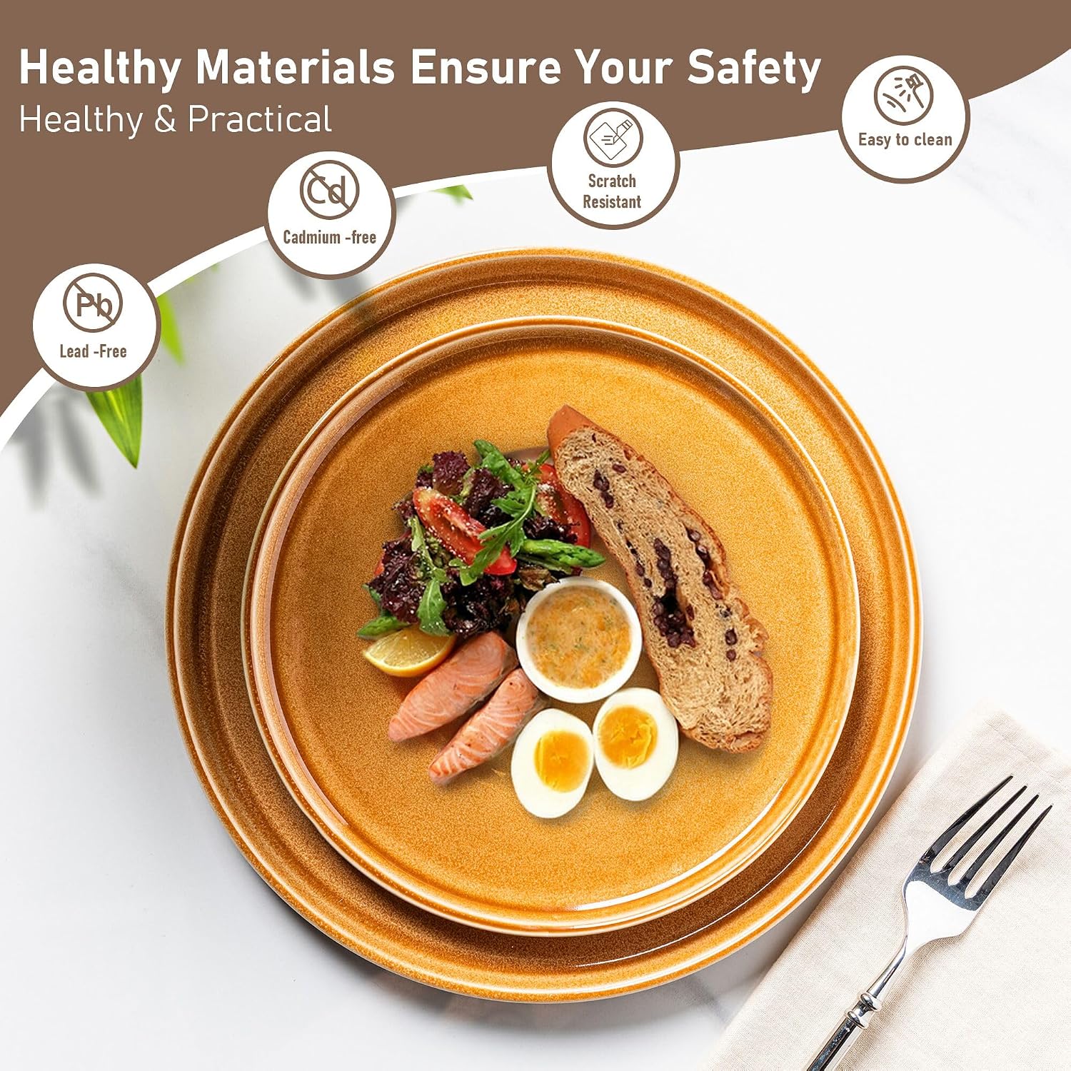 GBHOME Ceramic Dinnerware Sets for 8, 24 Pieces Stoneware Plates and Bowls Sets, Scratch Resistant Dishes, Dishwasher & Microwave Safe, Reactive Glaze-Amber