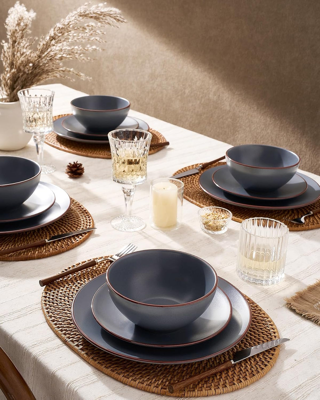 Famiware Venus Stoneware Dinnerware Sets with Pasta Bowls for 6, 24-Piece Speckled Plates and Bowls with Trim, Matte Charcoal - Chip‑Resistant Dishes for Everyday/Formal Use, Microwave/Dishwasher Safe