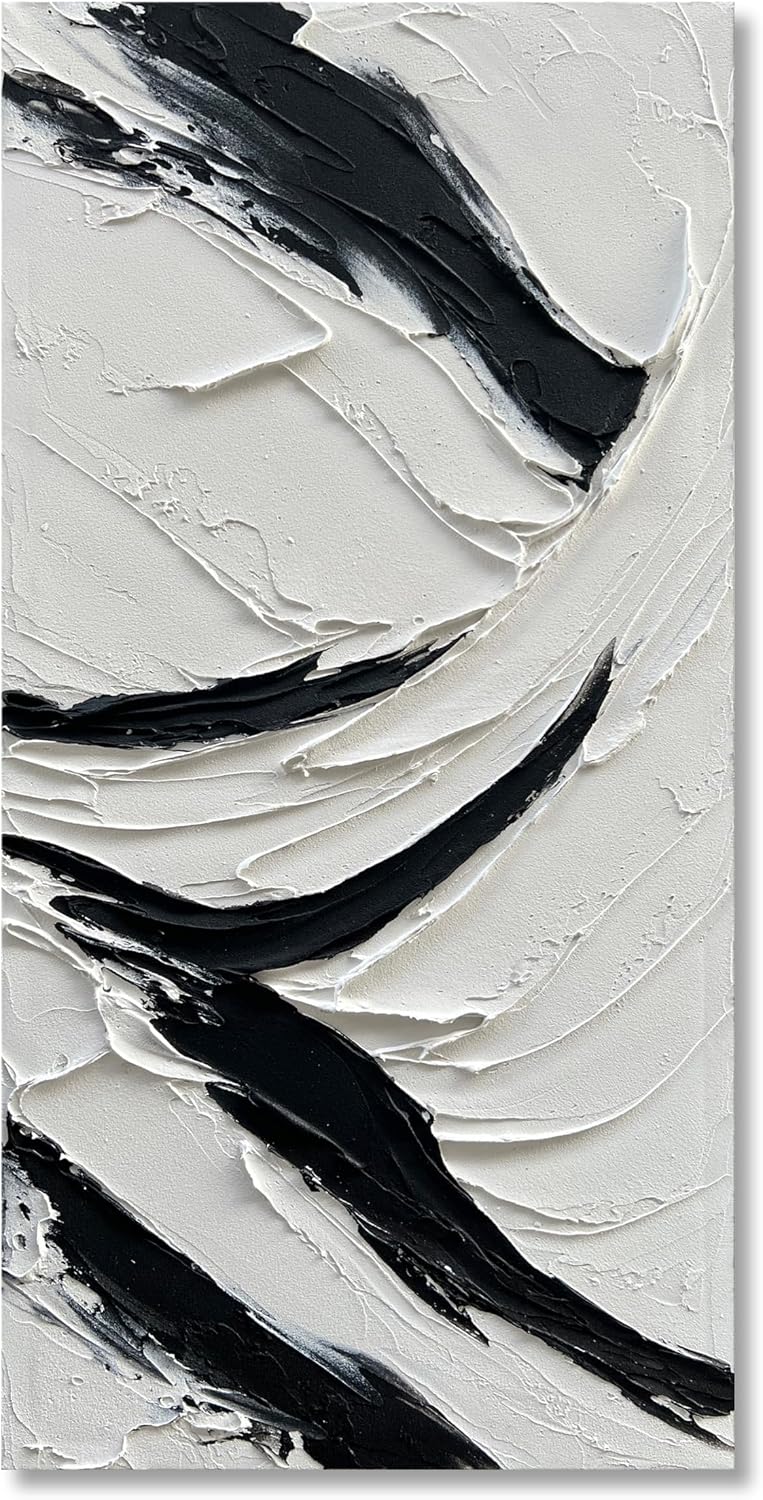 NANKAI Art Hand Painted Oil on Canvas in Black and White 48x24 inches Modern Abstract Minimalist Oil Painting Home Wall Decorative Art