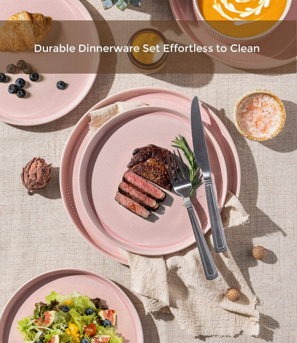 GBHOME 24-Piece Stoneware Dinnerware Set for 8 – Ribbed Ceramic Plates and Bowls, Scratch-Resistant, Microwave & Dishwasher Safe, Reactive Glaze, Blush Veil