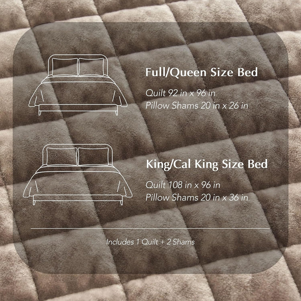 RECYCO Luxury Velvet Quilt Set, California King 118'' x 106'' Oversized Bedspread, Ultra Soft Velvet Comforter, Lightweight Box Stitch Bedding Sets for All Season, with 2 Shams, Natural Tan
