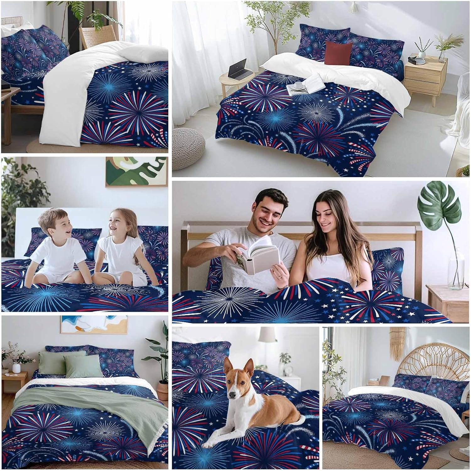 Independence Day Firework Duvet Cover Set Queen Size 4 Pieces Patriotic Red Blue Firework Dark Blue Bedding Set with Zipper Closure, 1 Comforter Cover 86x86 Inches 1 Flat Sheet & 2 Pillow Cases
