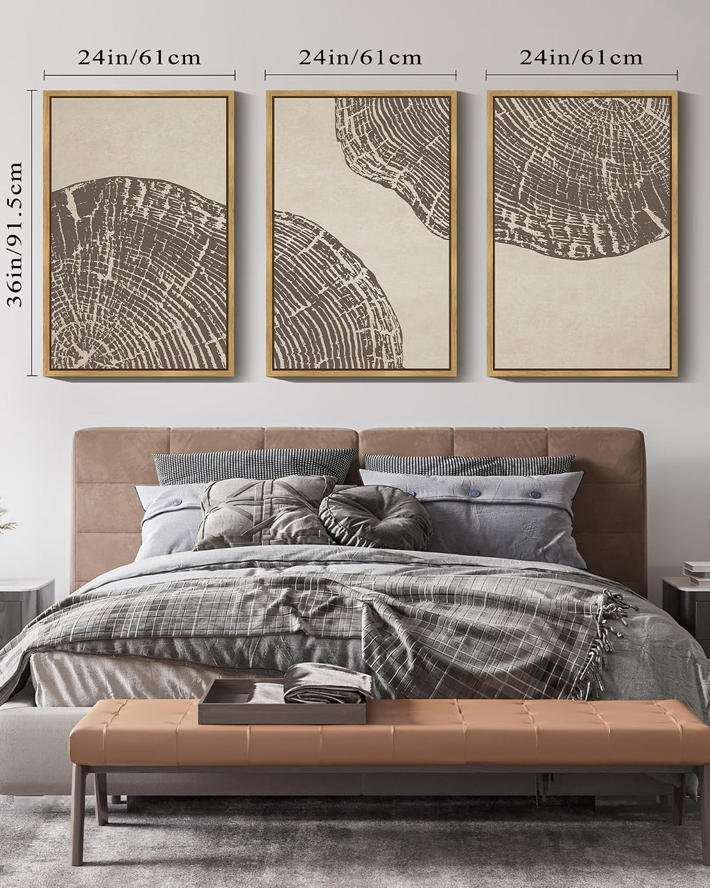 PHOPAGO Farmhouse Vintage Framed Wall Art Large 24x36in Set Gray Wood Tree Ring Spirals Nature Abstract Drawings Rustic Modern Art Decor for Living Room Bedroom - Natural Framed