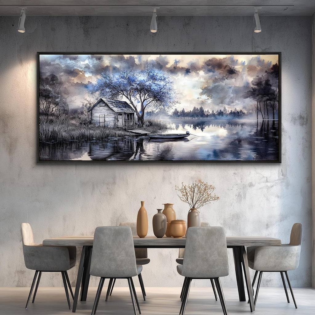 ERQINHUA Large Canvas Blue Tree Lakeside Landscape Painting Wall Decor For Living Room Restaurant Wall Art For Office Bedroom Artwork Pictures Modern Home Decor Ready To Hang Black Framed 32x72 In