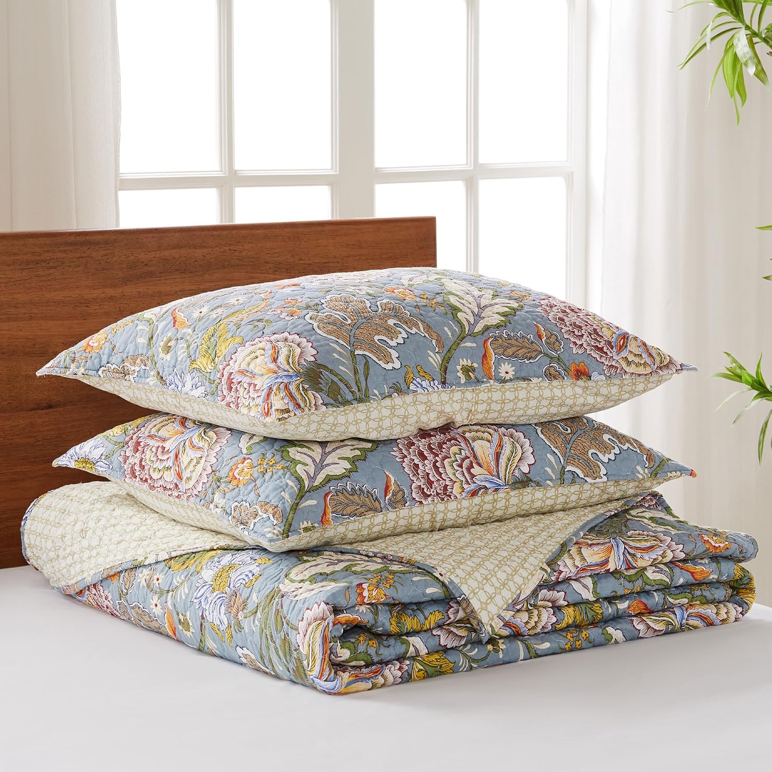 Levtex Home Angelica Reversible Twin Bedspread Set (80x106in) with 1 Pillow Sham (26x20in) - Floral Bedding - Blue Grey, Coral - Cotton Twin Size Bedspread Set - Lightweight, Soft, Pre-Washed