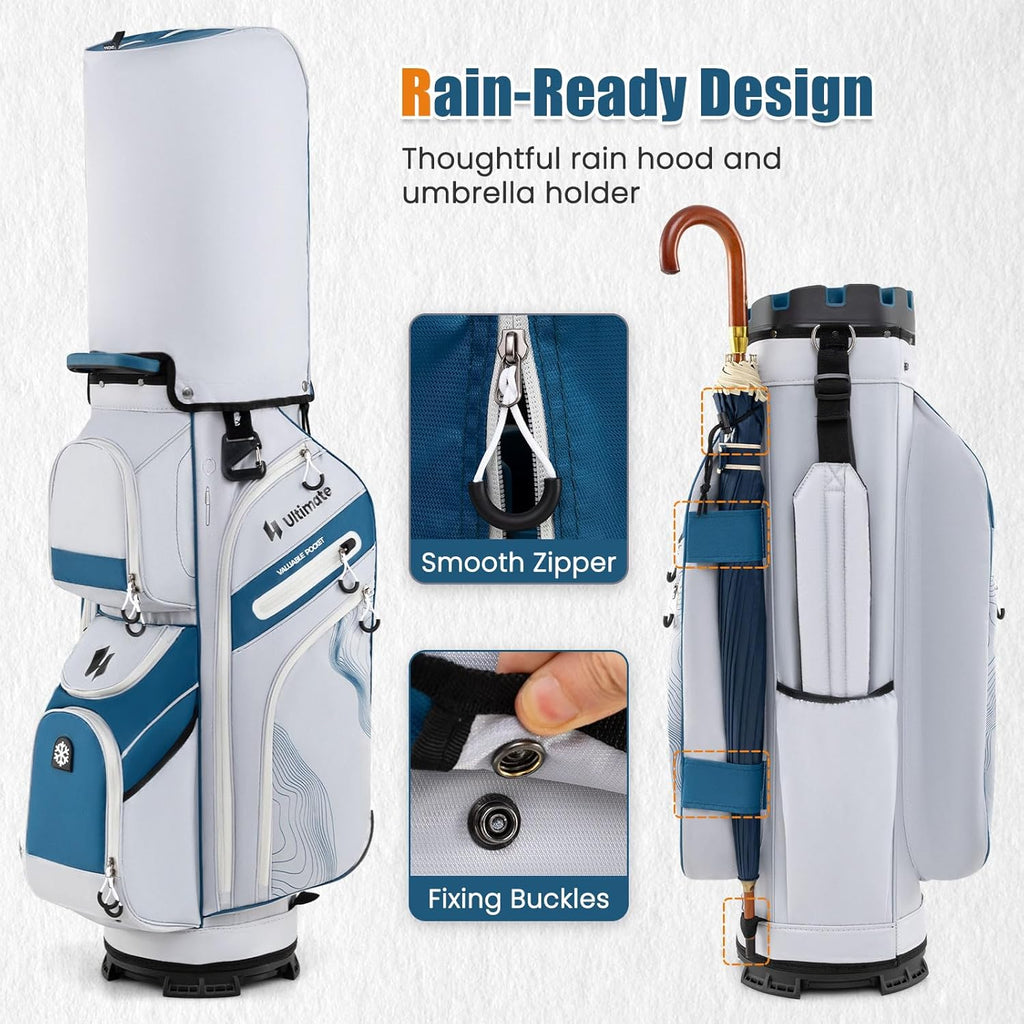 ULTIMATE 14-Way Golf Cart Bag, Golf Bag w/Molded Lock Top & Full Length Dividers, Portable Golf Club Bag w/11 Pockets, Cooler Bag, Padded Strap & Rain Hood for Men Women