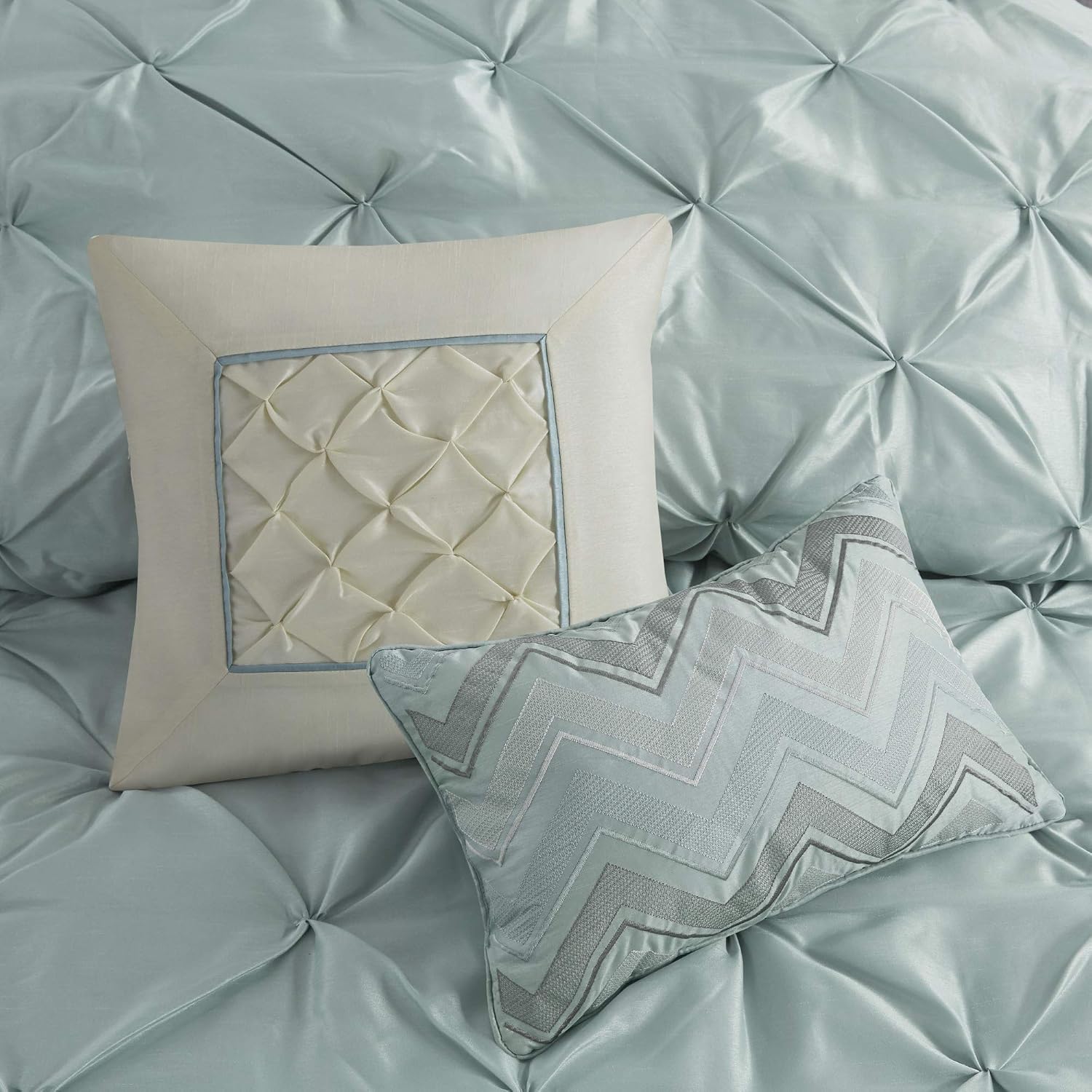 Madison Park Laurel Cal King Size Bed Comforter Set Bed In A Bag - Seafoam , Wrinkle Tufted Pleated – 7 Pieces Bedding Sets – Faux Silk Bedroom Comforters