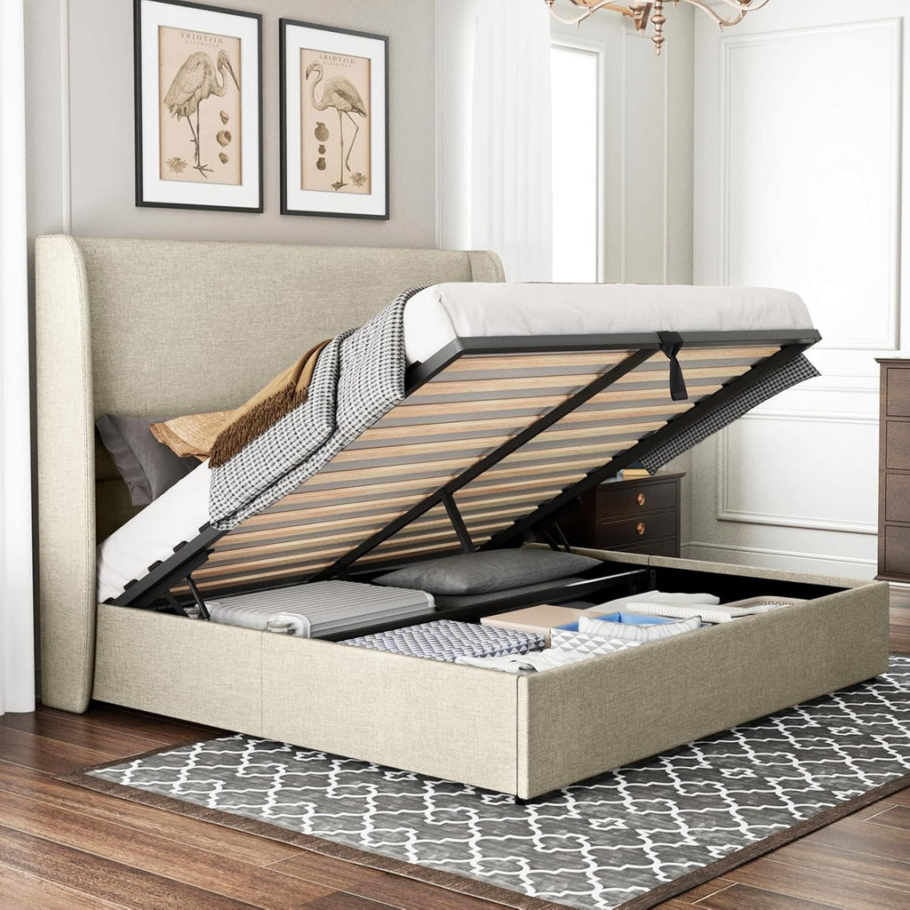 Jocisland Queeen Size Upholstered Platform Bed Frame with Hydraulic Lift Storage, Wingback Headboard, Wood Slats Support, No Box Spring Needed, Linen Off Khaki