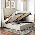 Jocisland Queeen Size Upholstered Platform Bed Frame with Hydraulic Lift Storage, Wingback Headboard, Wood Slats Support, No Box Spring Needed, Linen Off Khaki