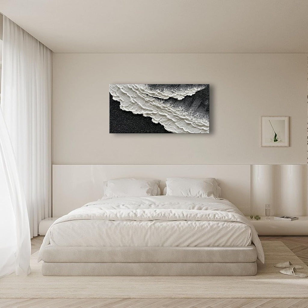 NANKAI 24x48 Inch Hand Painted 3D Ocean Wave Landscape Oil Painting Black and White Abstract Canvas Art Mural Family Wall Decoration Art