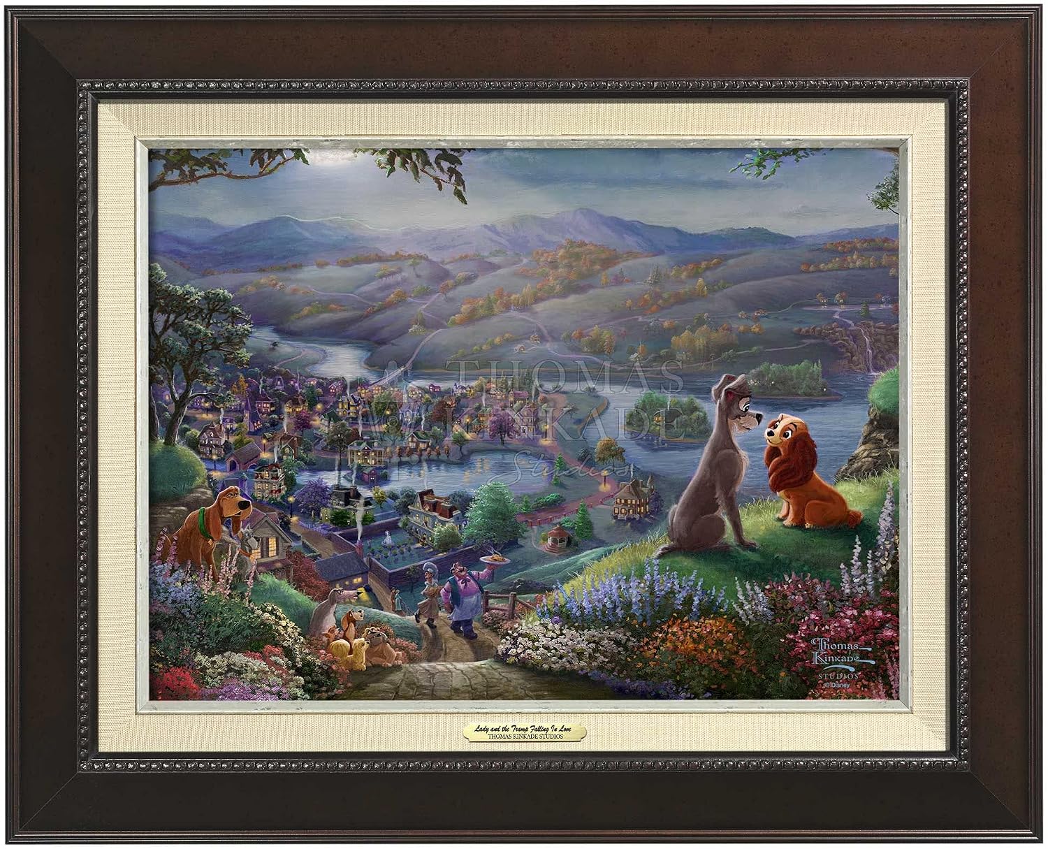 Thomas Kinkade Lady and the Tramp Falling In Love 12 x 16 Canvas Classics with Espresso Frame