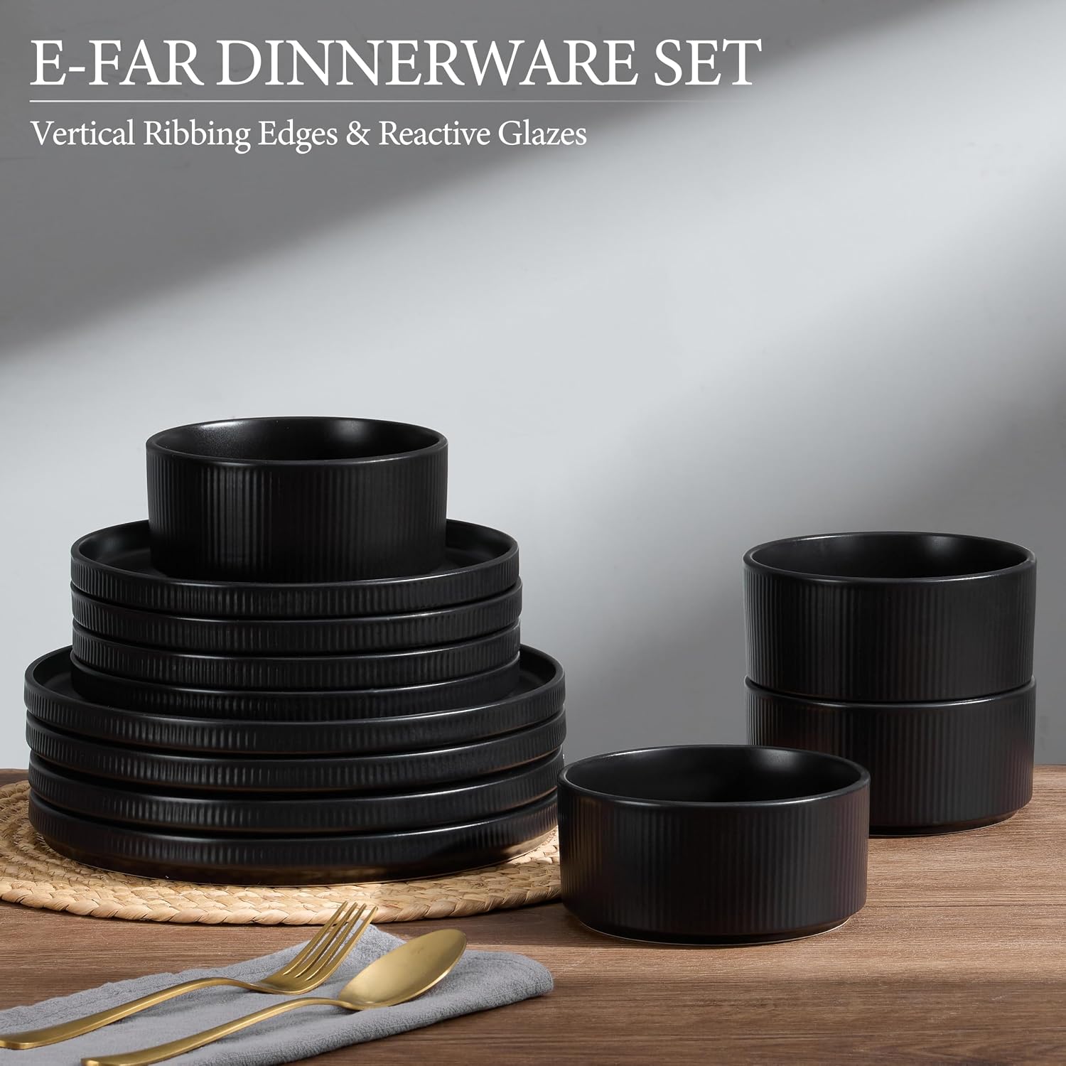 E-far 24-Piece Stoneware Dinnerware Sets, Plates and Bowls Sets for 8, Kitchen Dinning Porcelain Ribbed Dishes Set, Chip & Scratch Resistant, Dishwasher & Microwave Safe, Matte Black