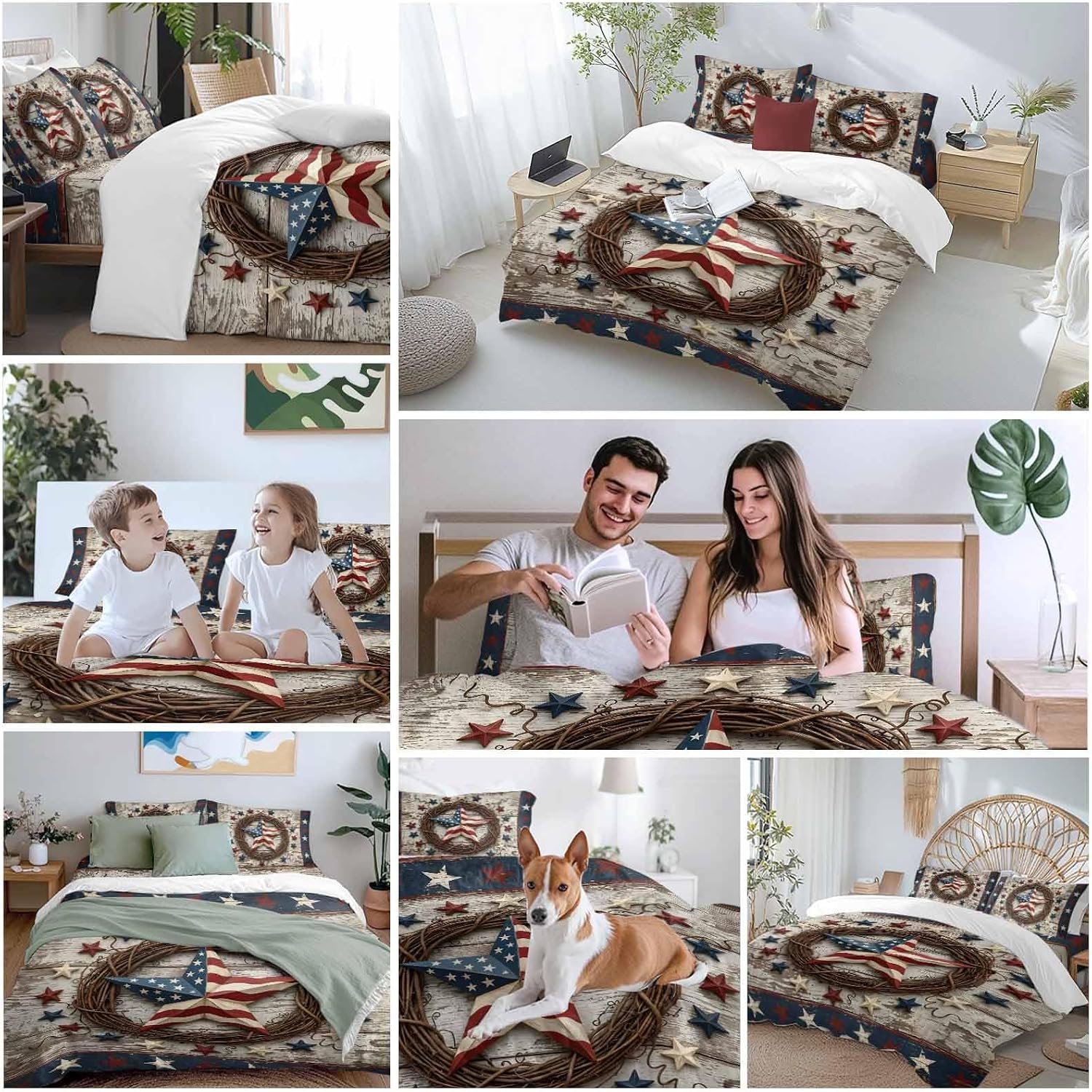 Independence Day Duvet Cover Set Queen Size 4 Pieces Usa Flag Stars Vine Wreath Rustic Wood Grain Bedding Set with Zipper Closure, 1 Comforter Cover 90x92 Inches 1 Flat Sheet & 2 Pillow Cases