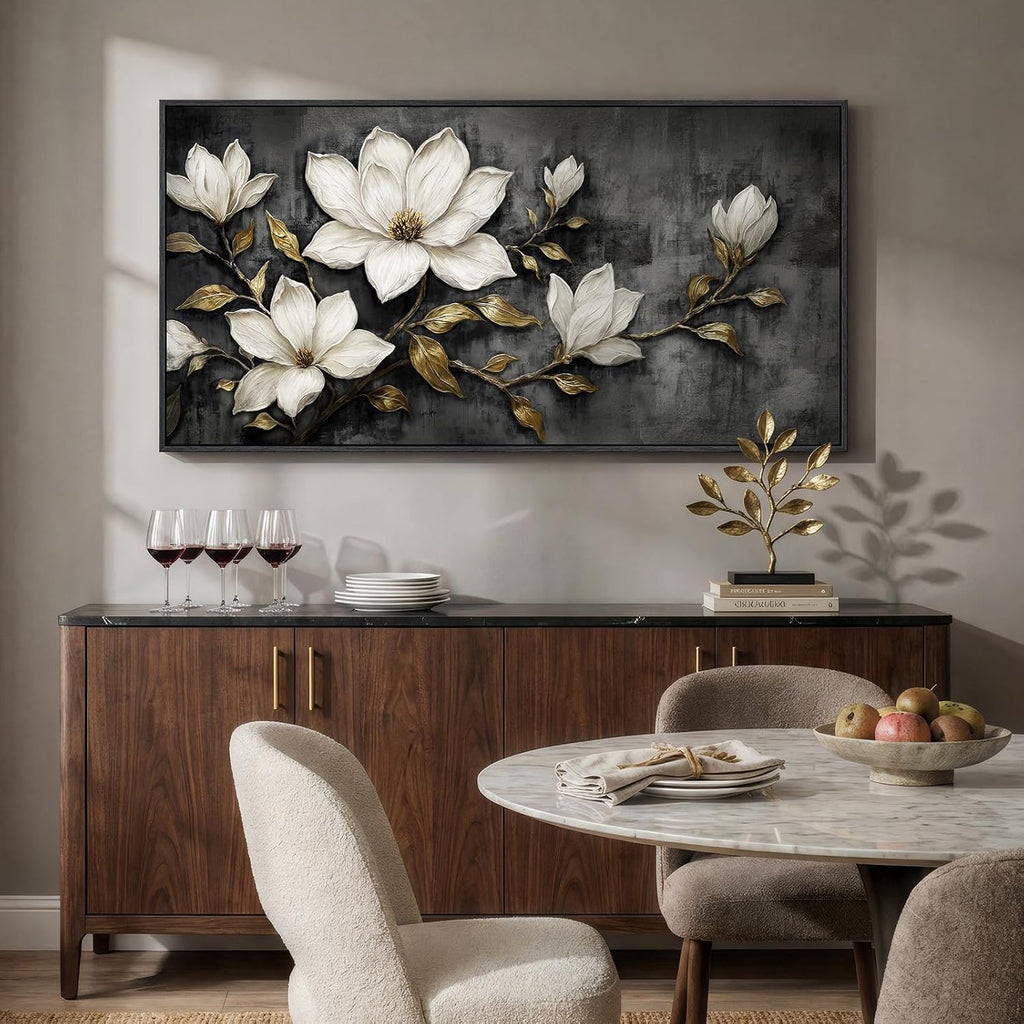 Large Framed Black and White Botanical Wall Art for Living Room, Modern Magnolia Floral Canvas Prints Paintings, Elegant Flower with Gold Leaves Pictures for Dining Room Office Wall Decor, 60x30 Inch