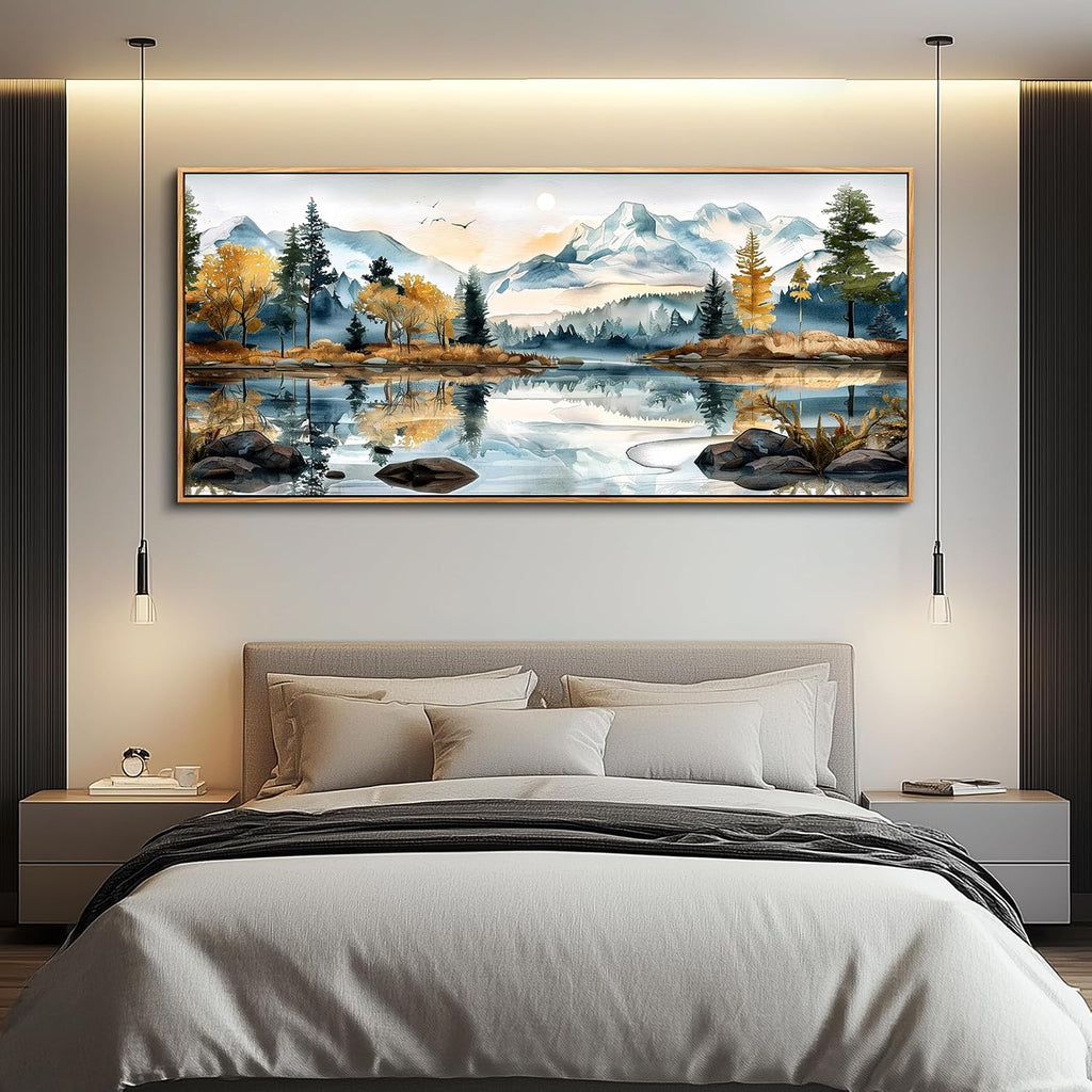 ERQINHUA Large Abstract Wall Art Living Room Wall Decor for Bedroom Office Decoration Watercolour Paint Tree Lakeside Landscapes Picture Canvas Artwork Home Decor Ready to Hang 32x72 In Wood Framed
