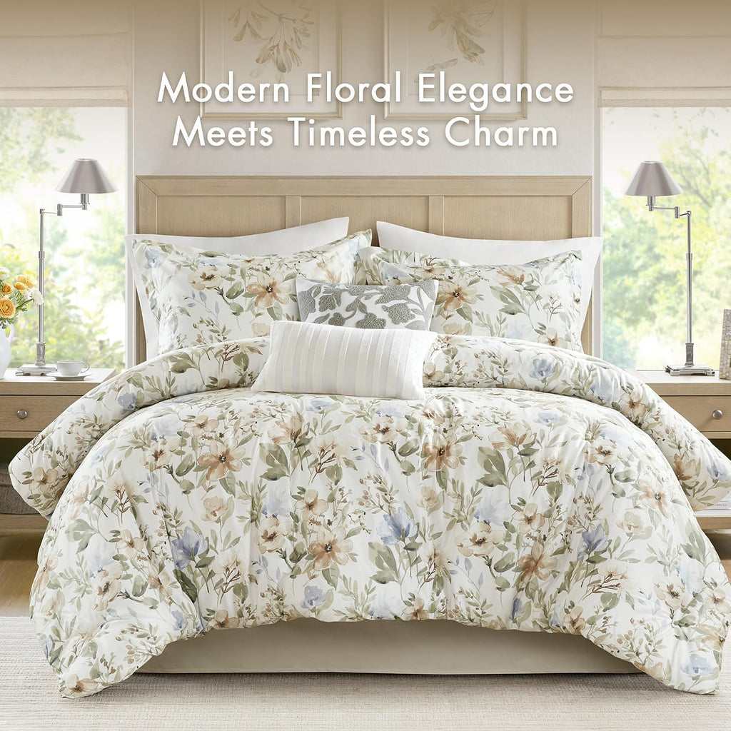 Harbor House King Comforter Set Watercolor Floral Print, 300TC Sateen Cotton Comforters, All Season Oversized Comforter, Shams, Bed Skirt, Décor Pillows, King, Multi, 6 Piece