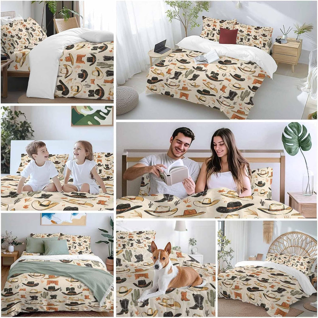 Prime Leader Western Cowboy Duvet Cover Set Queen Size 4 Pieces Boots Hat Vintage Desert Cactus Bedding Set with Zipper Closure, 1 Comforter Cover 90x92 Inches 1 Flat Sheet & 2 Pillow Cases