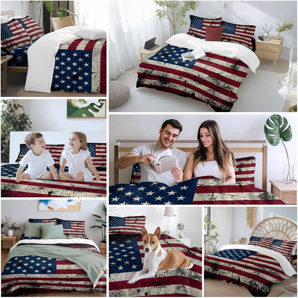 Prime Leader Independence Day Duvet Cover Set Queen Size 4 Pieces Mottled U. S. Flag Shabby Chic Vintage Bedding Set with Zipper Closure, 1 Comforter Cover 90x92 Inches 1 Flat Sheet & 2 Pillow Cases