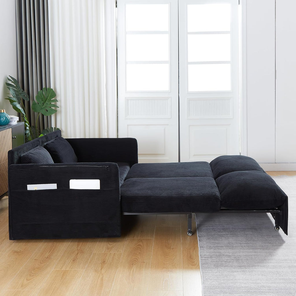 WILLIAMSPACE 64.5' Pull Out Sofa Bed, 3-in-1 Adjustable Sleeper Sofa Couch with Side Storage, Convertible Loveseat Sofa Bed Pull Out Couch for Living Room, Apartment, Corduroy, Black