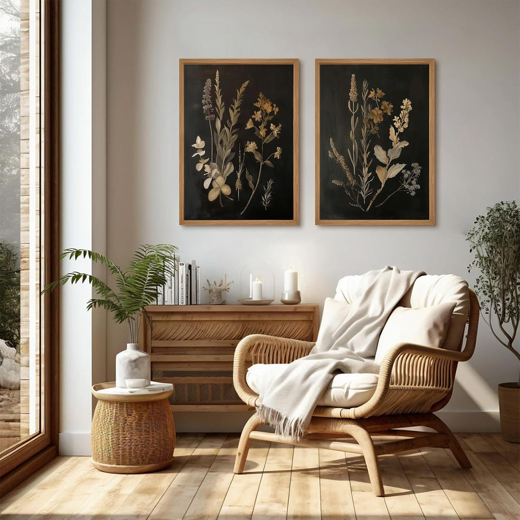Vintage Floral Wall Art Decor Black Botanical Canvas Art Moody Flower Wall Art Dark Academia Poster Painting Vintage Floral Prints Pictures for Bedroom Living Room 24x36 Inch Wood Framed Set of 2