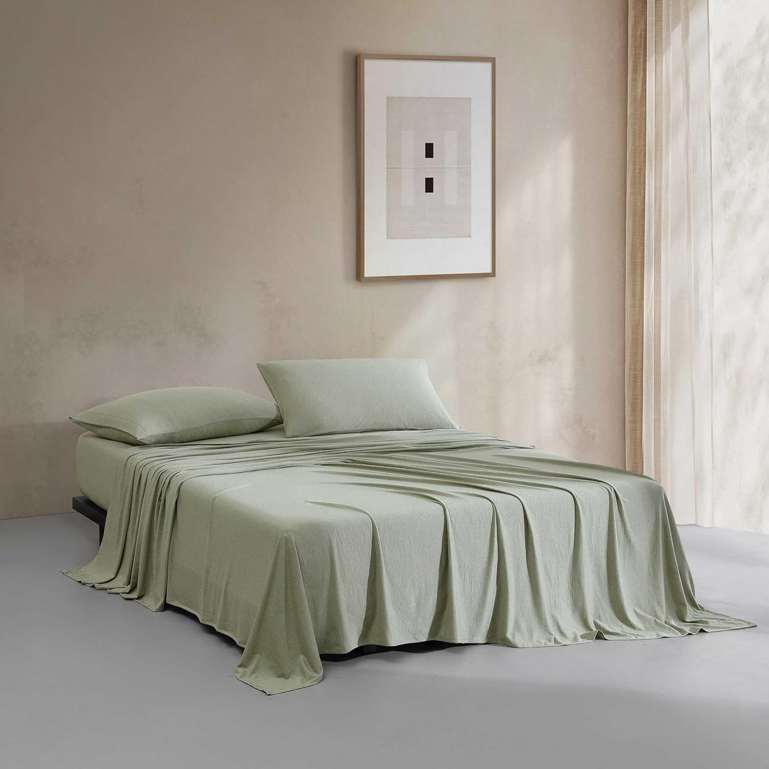 Calvin Klein - King Size Sheets Set, Naturally Soft Cotton-Blend Melange Jersey Bedding - Bed Sheets with Matching Pillowcases & Fitted Sheet (Modern Cotton Green)