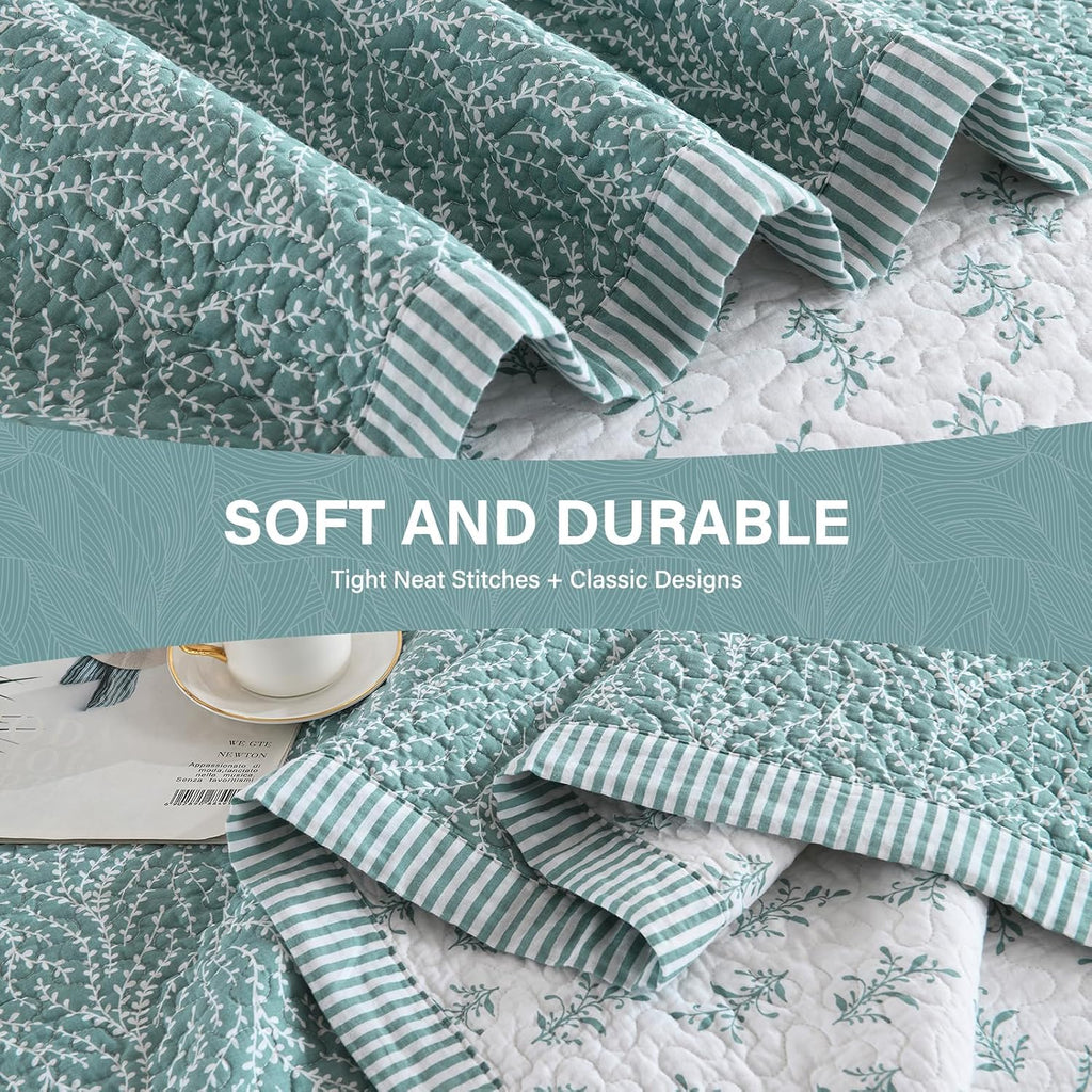 SahSahCasa Quilt Set King Size, 100% Cotton Quilt Bedding Set Bedspread, Botanical Pattern Solid Color Chic Lightweight Quilted Comforter for King Bed, White/Teal, All Season, 3 Pieces