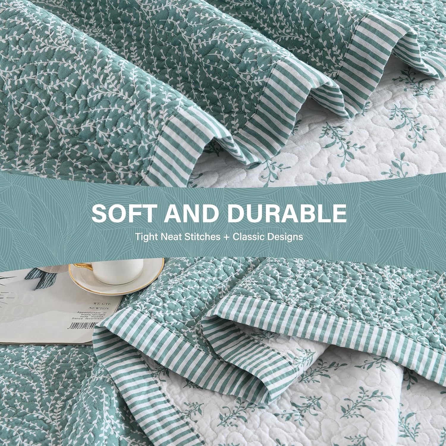 SahSahCasa Quilt Set King Size, 100% Cotton Quilt Bedding Set Bedspread, Botanical Pattern Solid Color Chic Lightweight Quilted Comforter for King Bed, White/Teal, All Season, 3 Pieces